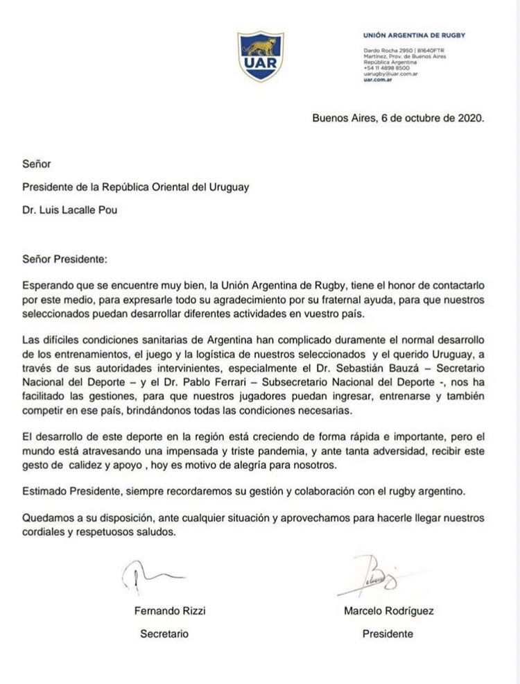 La carta de la Unión Argentina de Rugby a Luis Lacalle Pou.
