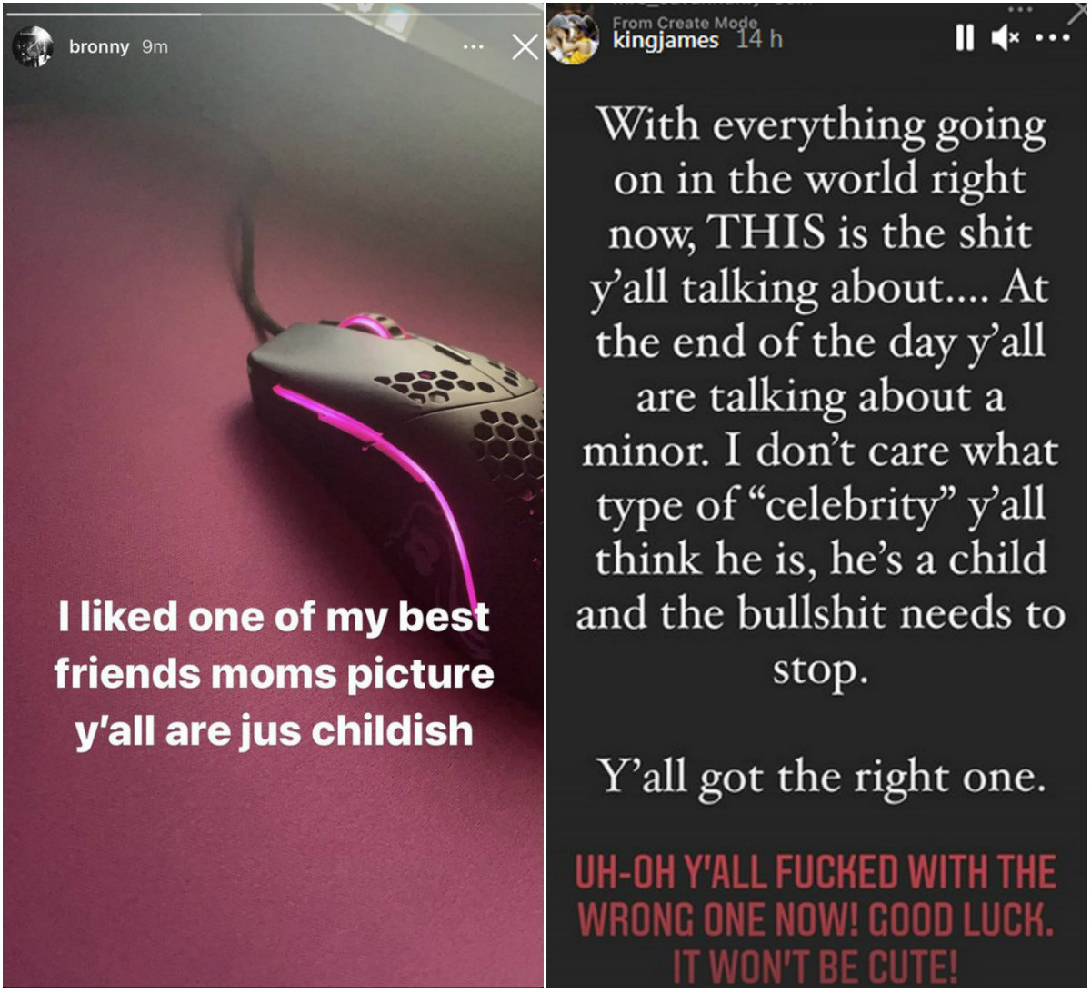 Los descargos de Bronny y LeBron James en Instagram.