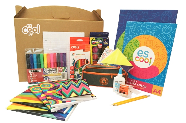 Pack de artículos escolares que ofrece Escool.uy. Foto: Escool.uy.