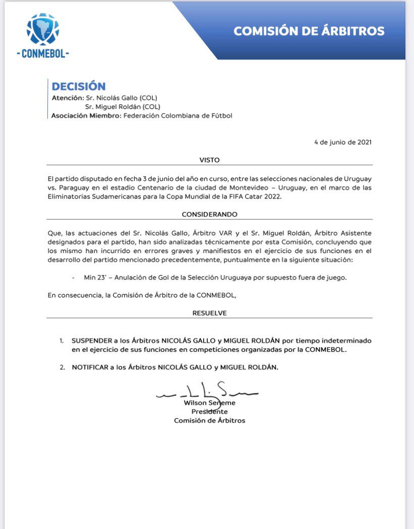 Comunicado de la Conmebol. Foto: Conmebol.