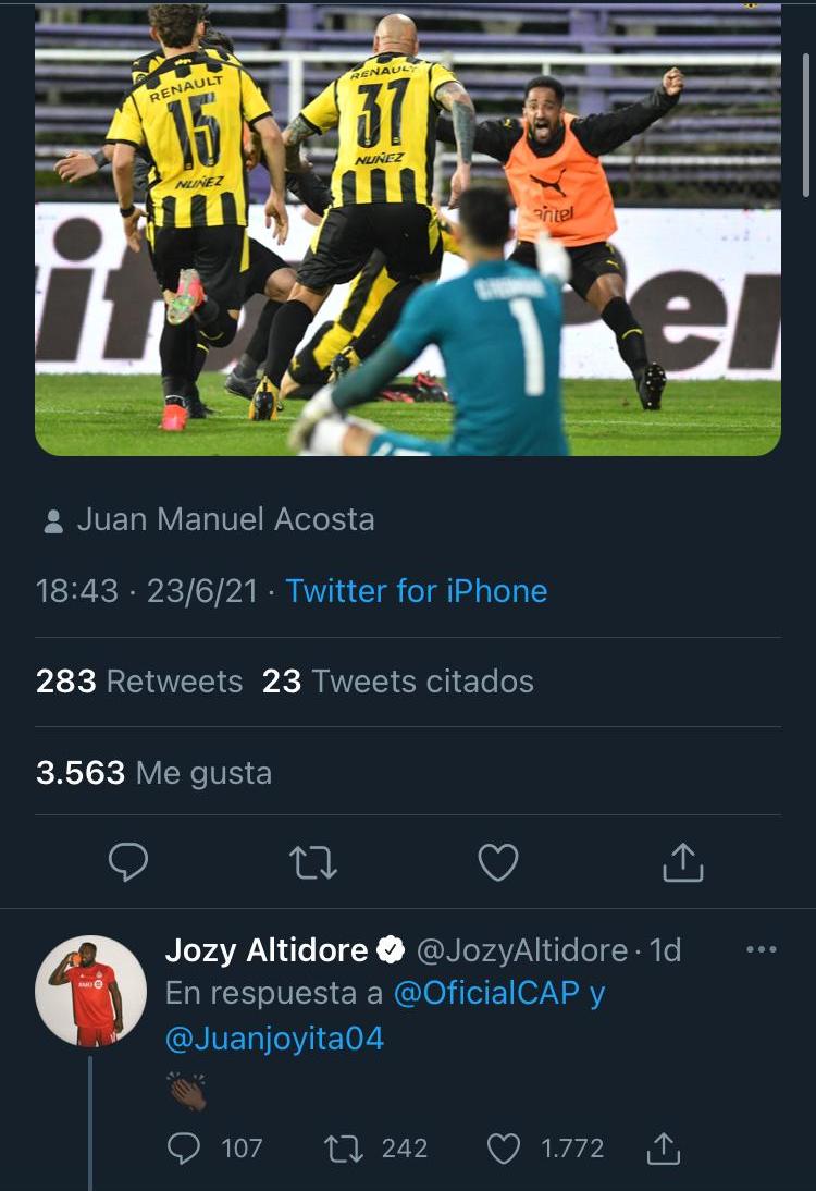Jozy Altidore y su respuesta a una publicación de Peñarol. Foto: Captura.