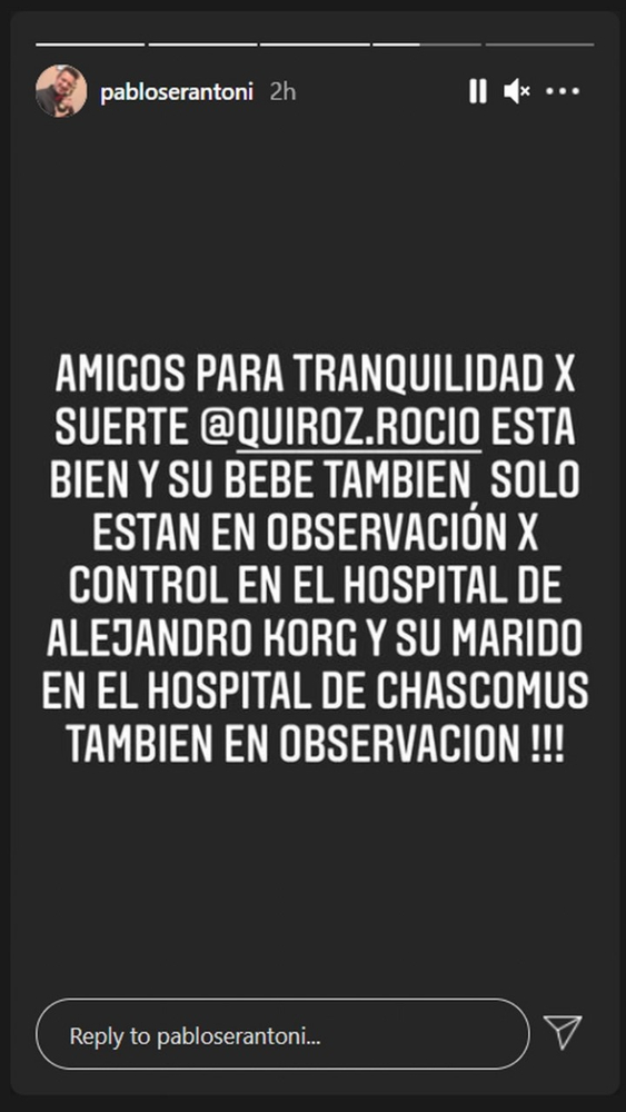 Mensaje en Instagram de Pablo Serantoni sobre la salud de Rocío Quiróz. Foto: Captura