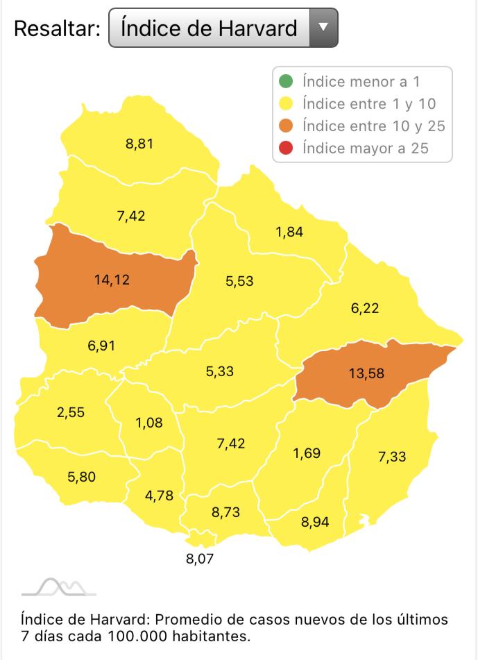 Mapa coronavirus Uruguay según Harvard. Foto: Captura