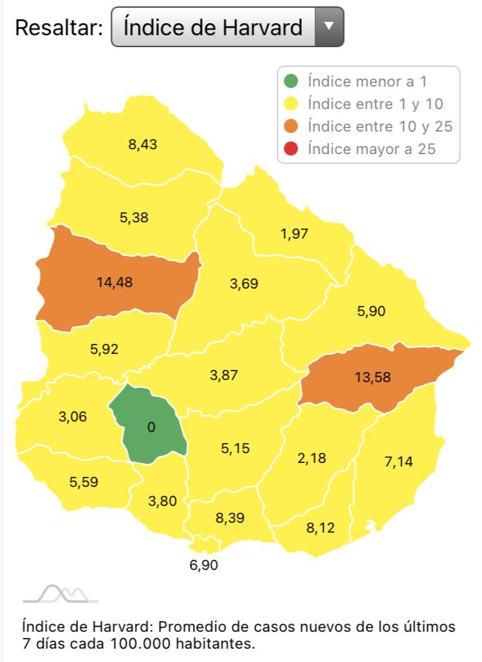 Mapa coronavirus Uruguay según Harvard. Foto: Captura