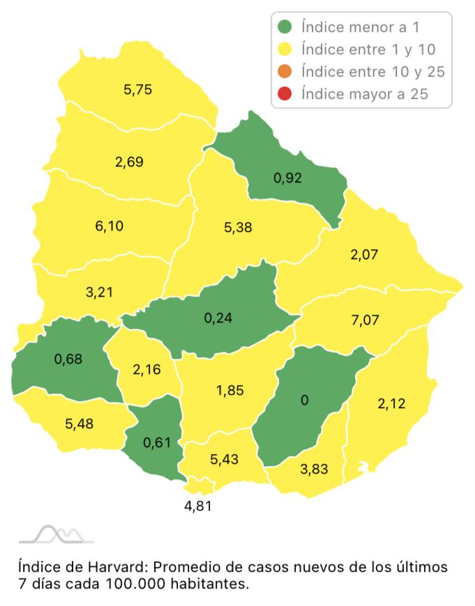 Mapa de coronavirus del 4 de agosto de 2021 en Uruguay. Captura app CoronavirusUy