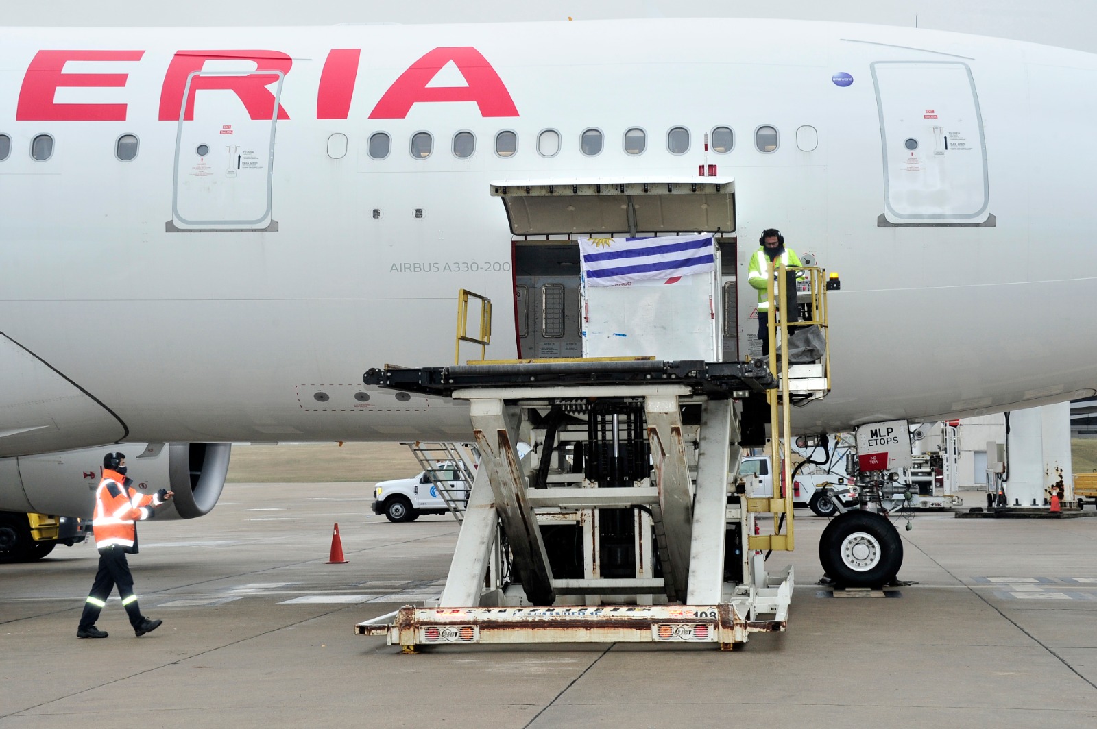 Lote con 203.580 vacunas de Pfizer que llegaron en un avión de la aerolínea Iberia. Foto: Comunicación Presidencial