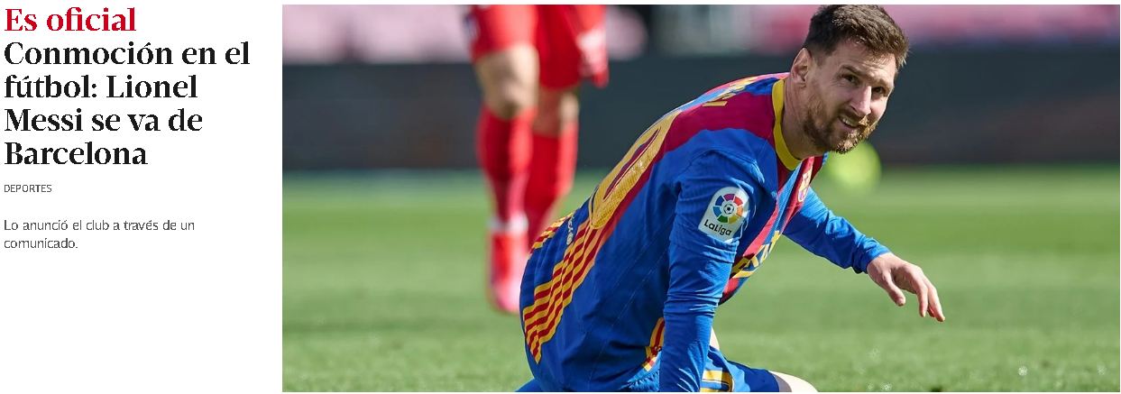 La portada de Clarín ante la salida de Messi del Barcelona.