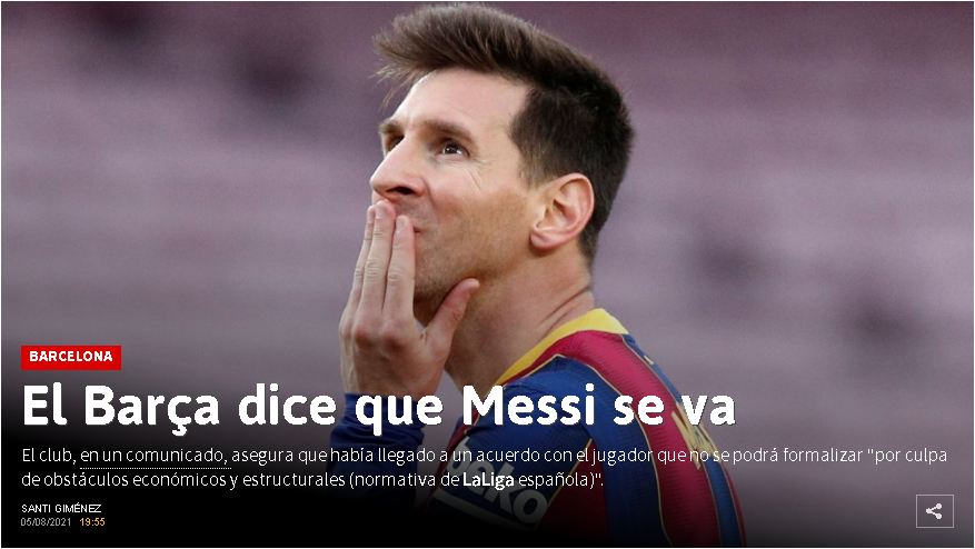 La portada de As ante la salida de Messi del Barcelona.
