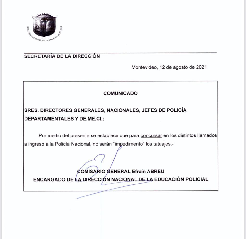 Resolución emitida este jueves, que habilita tatuajes a postulantes a policías.