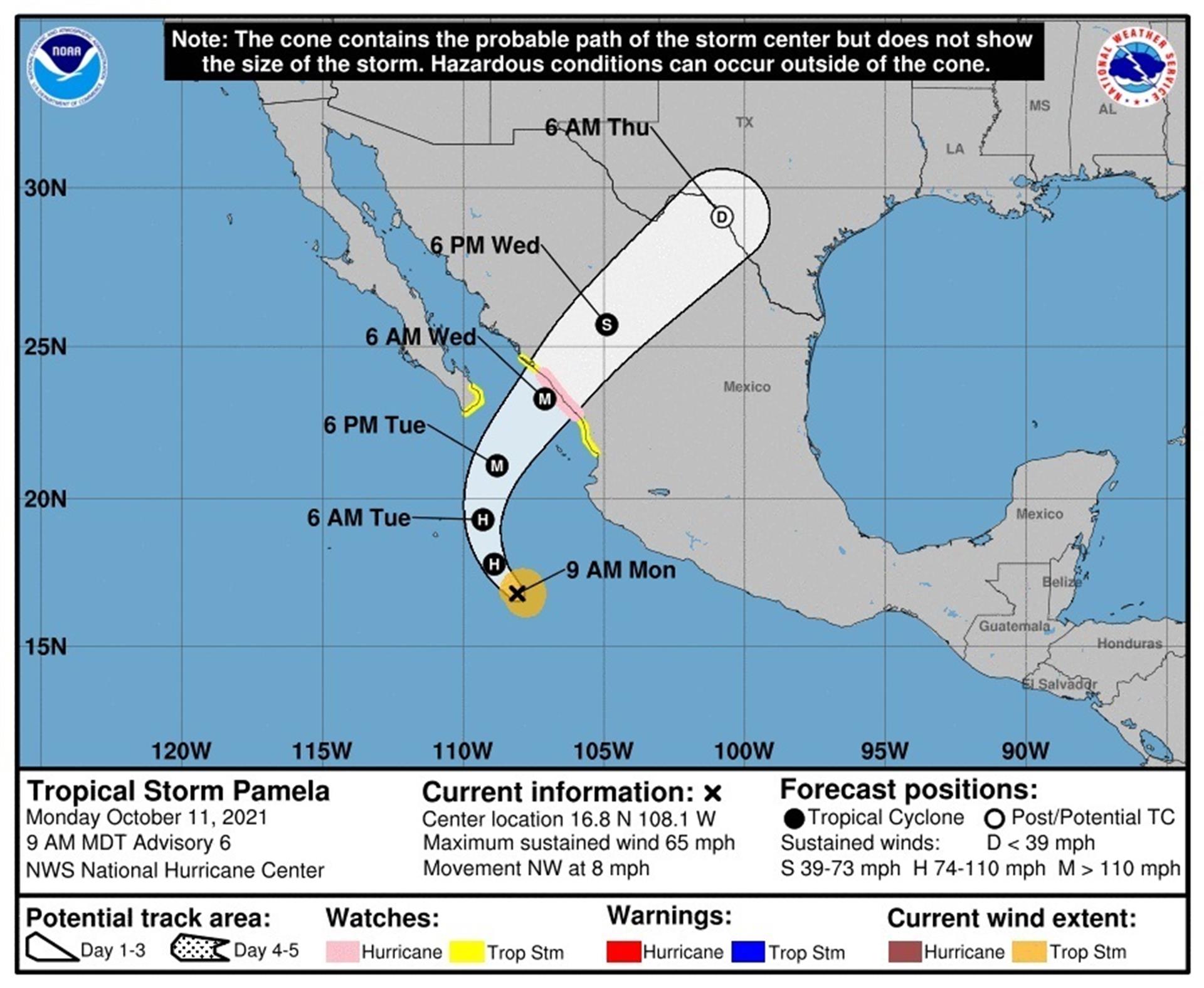 Posible trayectoria de la tormenta tropical Pamela. Foto: Efe