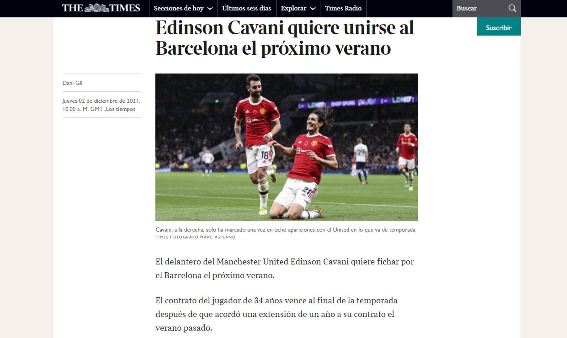 Nota de The Times sobre Cavani