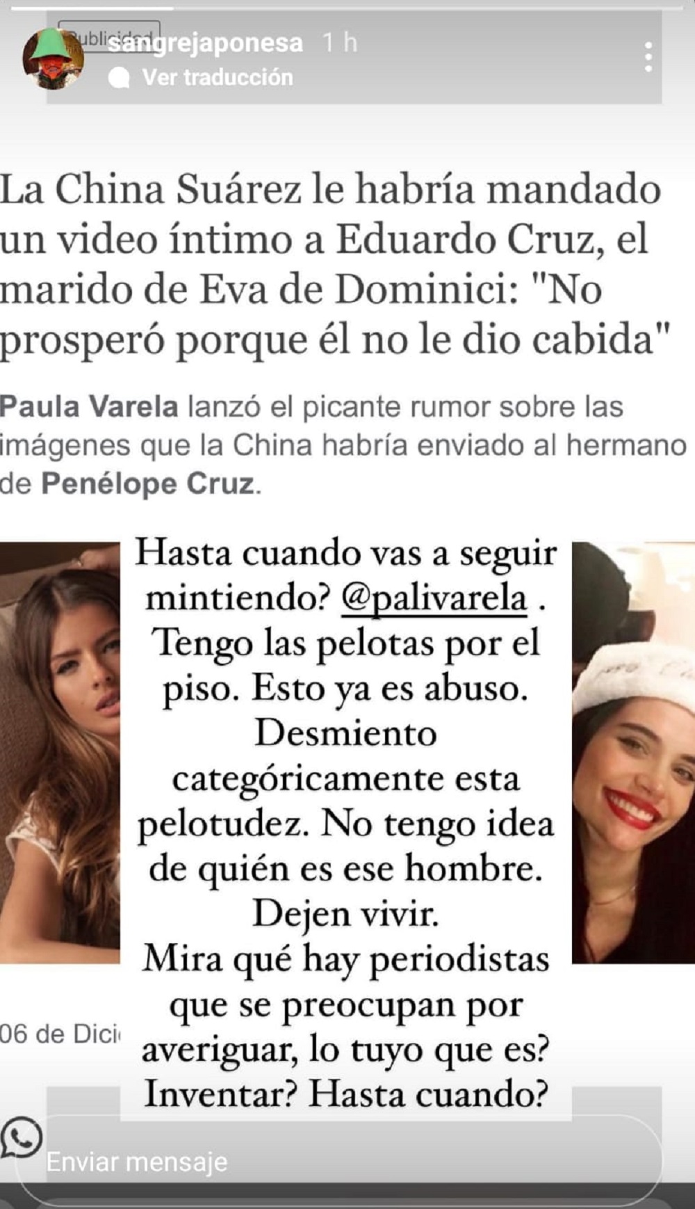 El mensaje de China Suárez a Paula Varela. Foto: Instagram @sangrejaponesa