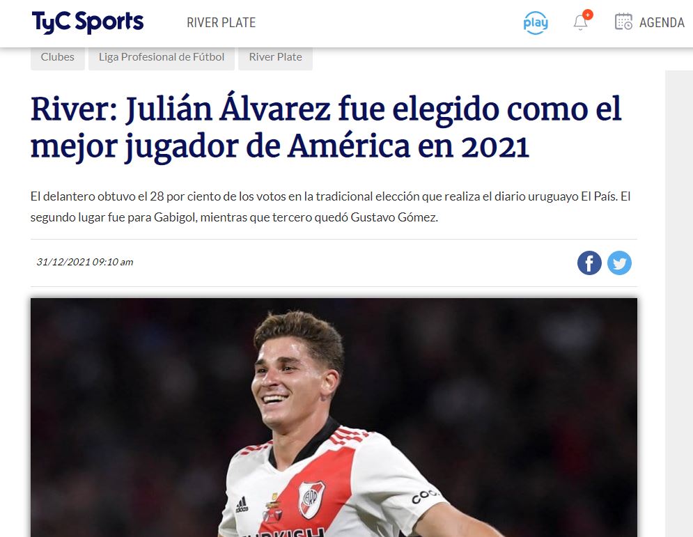 Julián Álvarez, Rey de América, en la web de TyC Sports.