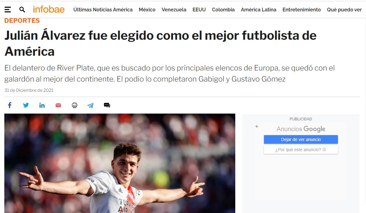 Julián Álvarez, Rey de América, en la web de Infobae.