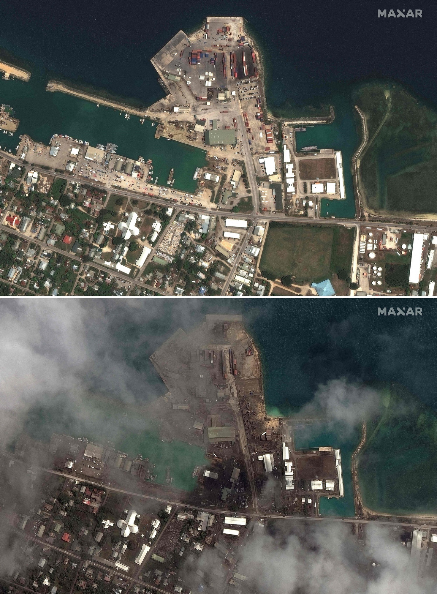 Imágenes satelitales del volcán en Tonga: antes y después. Foto: Afp