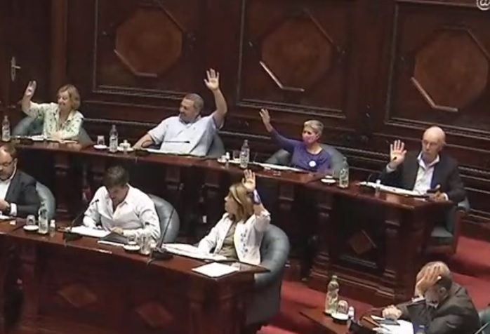 Amanda Della Ventura con el tapaboca del "SÍ" en sesión. Foto: Captura