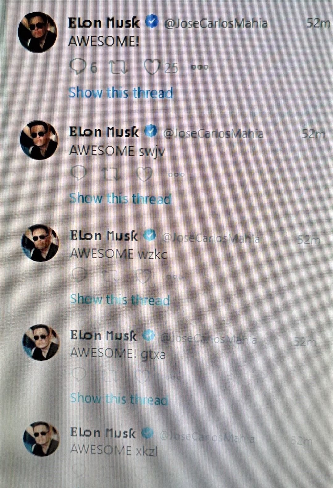Tweets de la cuenta de Mahía, con el nombre de Elon Musk. Foto: Imagen de Twitter
