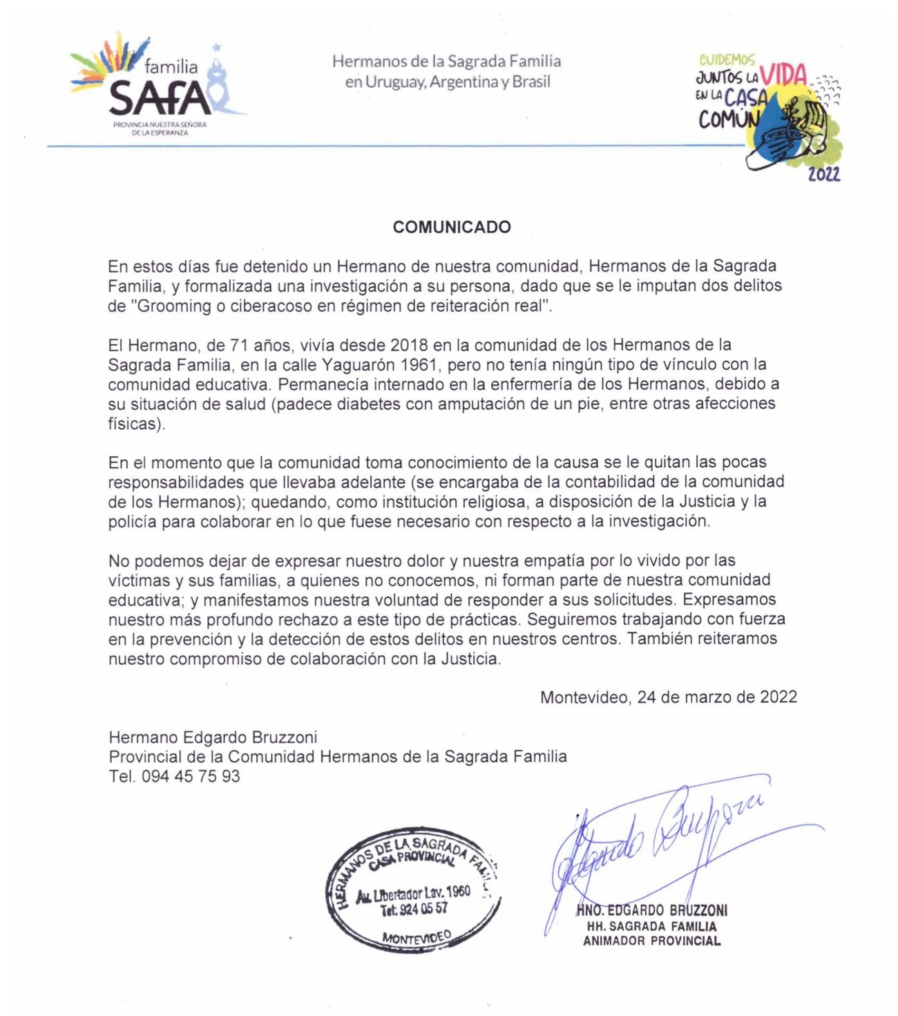 Comunicado del colegio y liceo Sagrada Familia de Montevideo