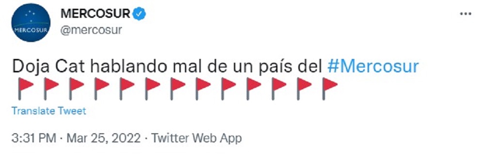 El tuit del Mercosur sobre Doja Cat. Foto: Captura de Twitter