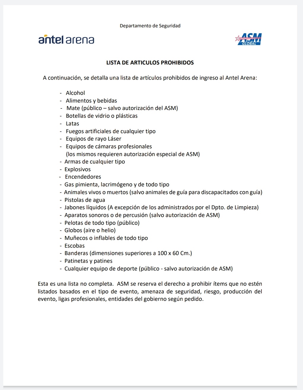La lista de elementos prohibidos para ingresar al Antel Arena.