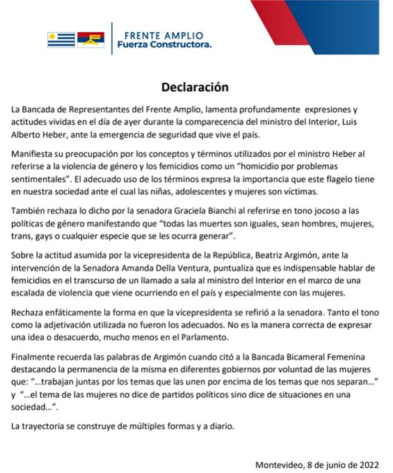 Comunicado del Frente Amplio en rechazo a expresiones dirigidas a la senadora Amanda Della Ventura