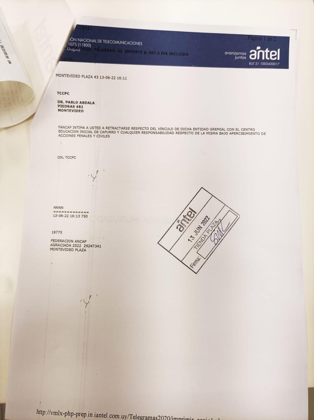 Telegrama enviado por Fancap a Pablo Abdala
