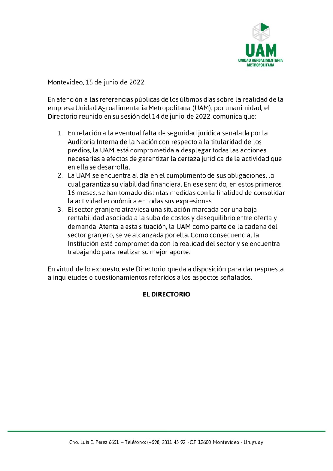 Comunicado del Directorio de la UAM