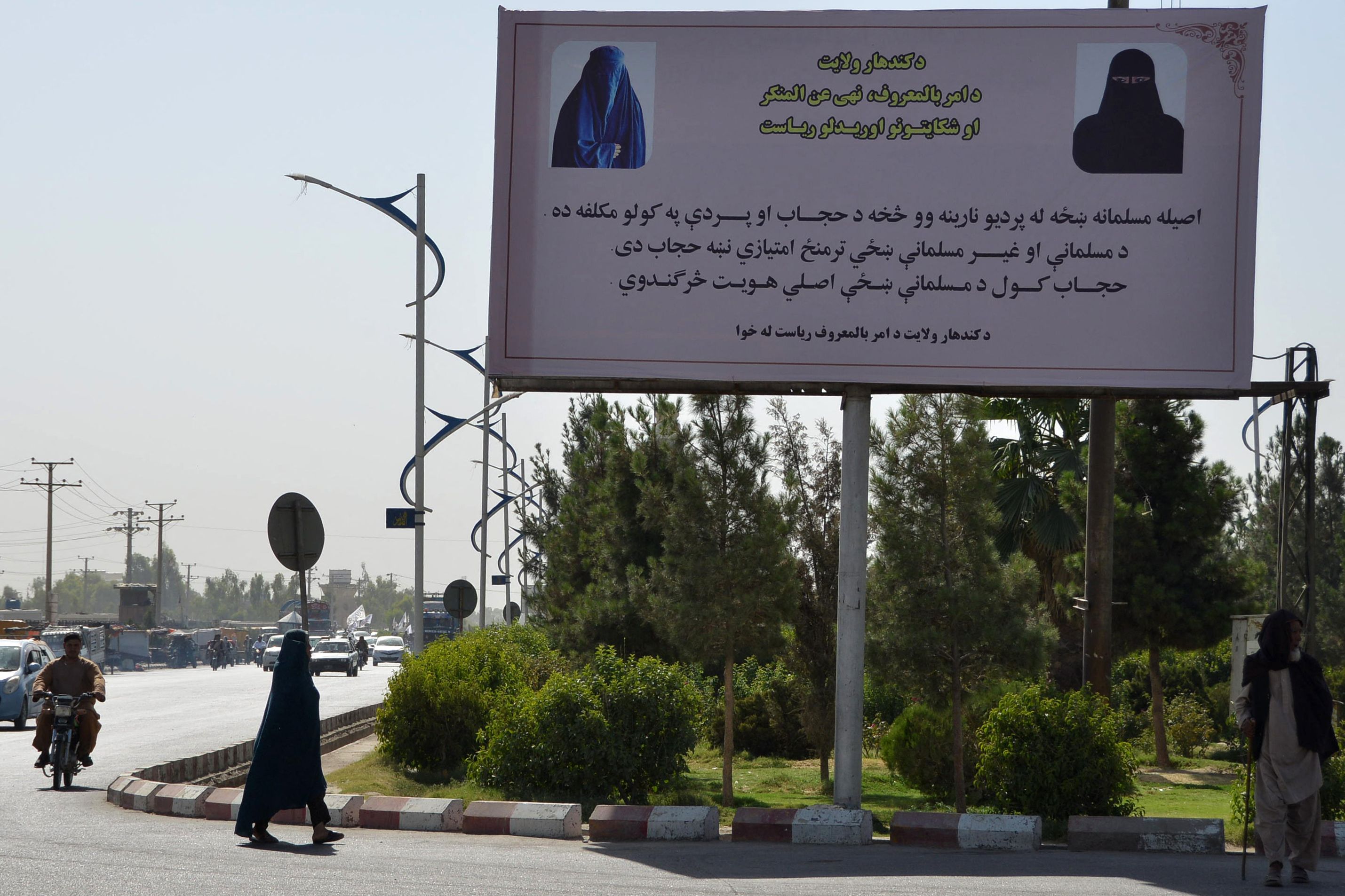 "Las mujeres musulmanas que no usan el hiyab están intentando parecer animales", advierten los carteles. Foto: AFP