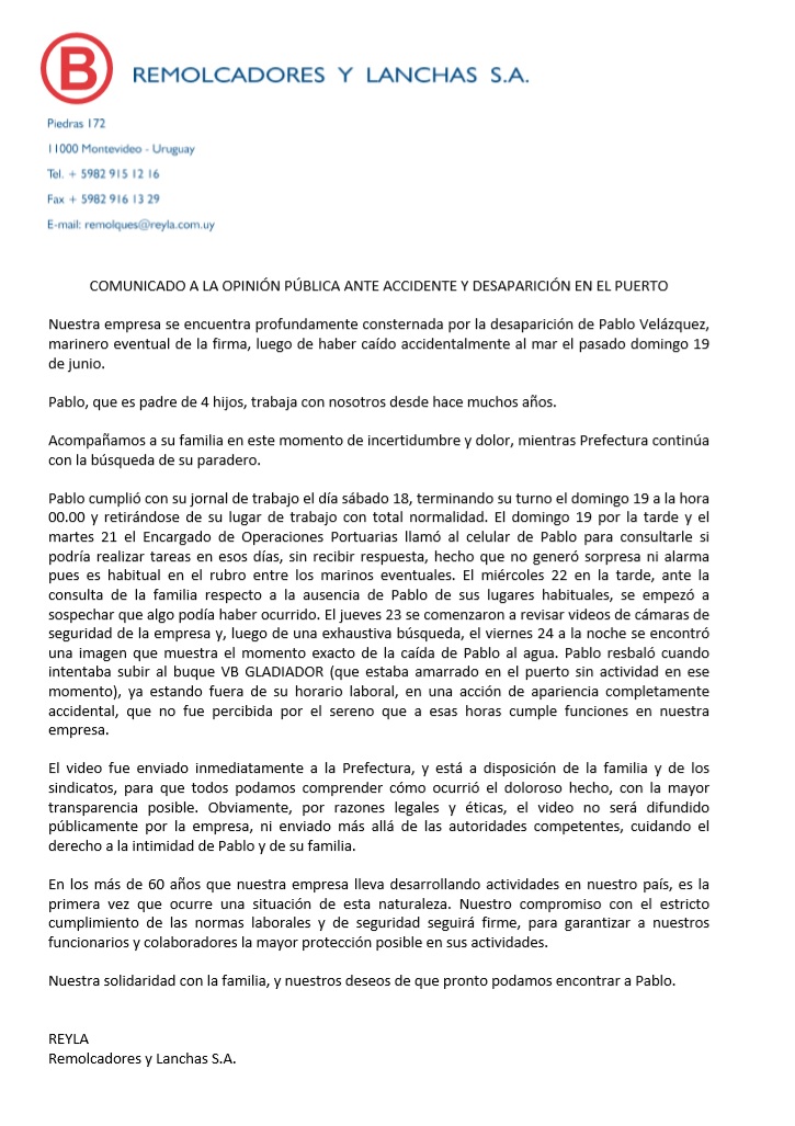 Comunicado empresa Reyla por desaparición de un trabajador en el puerto