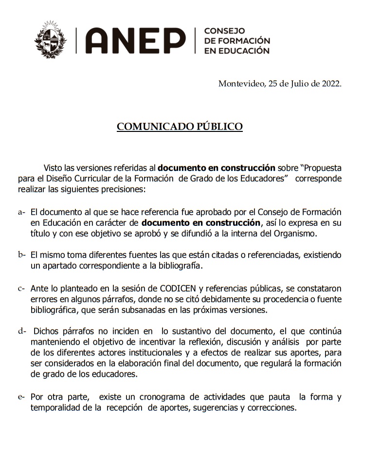 Comunicado de ANEP tras denuncia de presunto plagio en documento