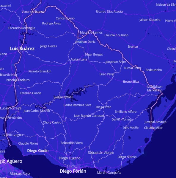 Uruguay en el mapamundi de estrellas. Captura de tjukanovt.github.io/