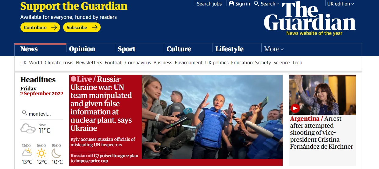 Portada de The Guardian sobre el atentado a Cristina Kirchner