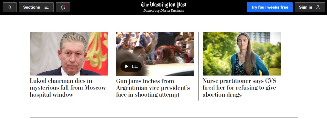 Portada de The Washington Post sobre el atentado a Cristina Kirchner