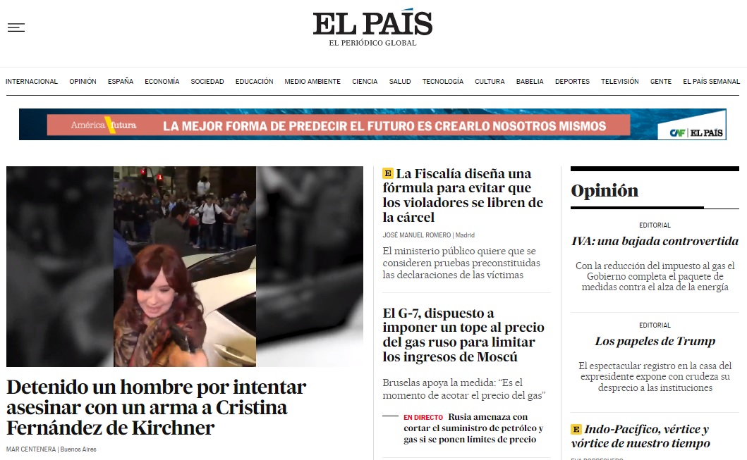 Portada de El País de Madrid sobre el atentado a Cristina Kirchner