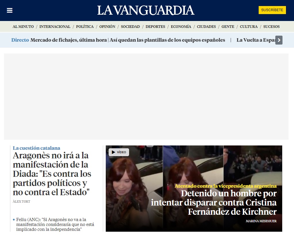 Portada de La Vanguardia sobre el atentado a Cristina Kirchner