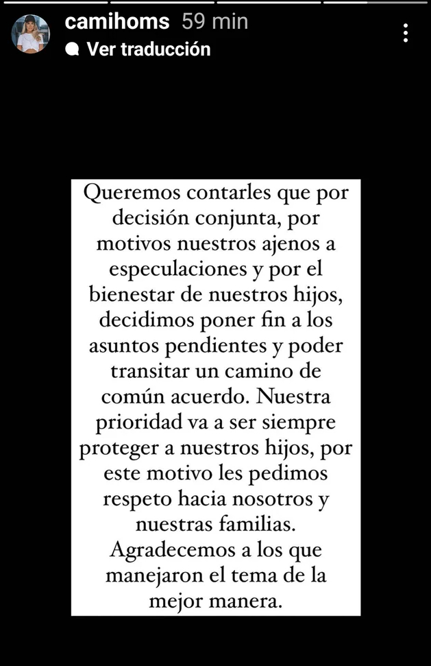El comunicado de Camila Homs. Foto: Captura de Instagram.
