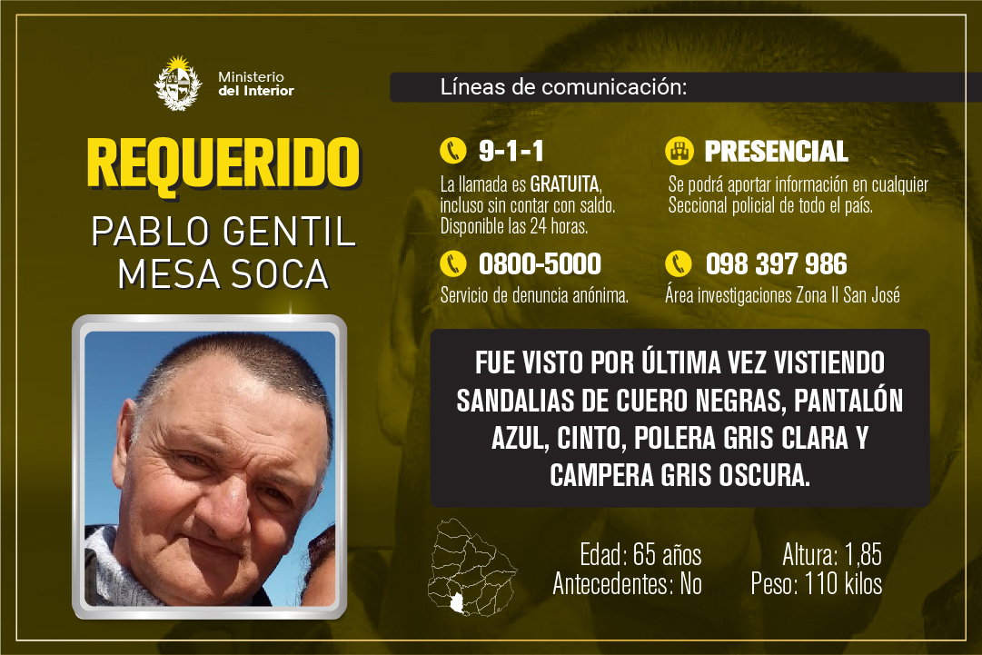Pablo Gentil Mesa Soca es requerido por la Justicia. Foto: Ministerio de Interior
