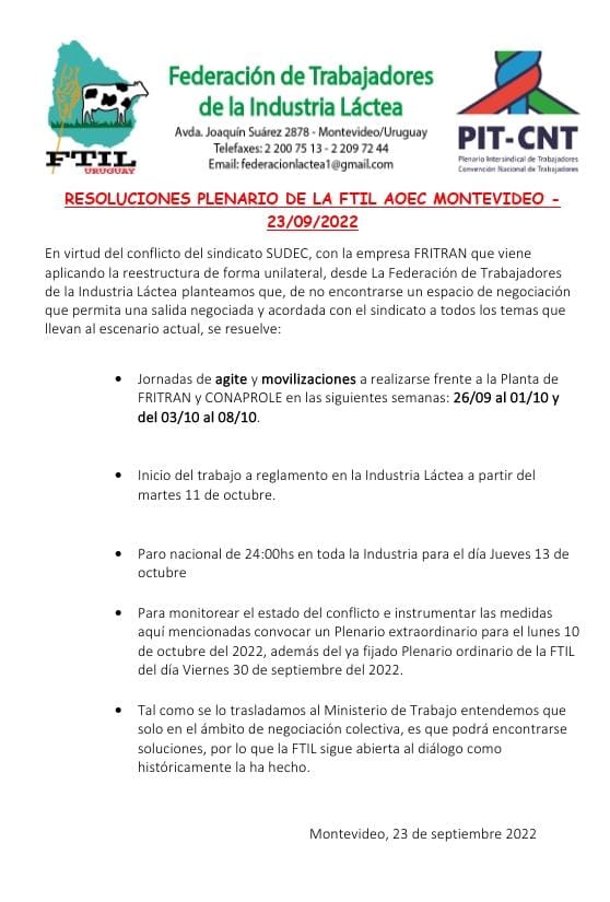 Resoluciones plenario de la FTIL del 23/09/22. Foto: Comunicado de FTIL