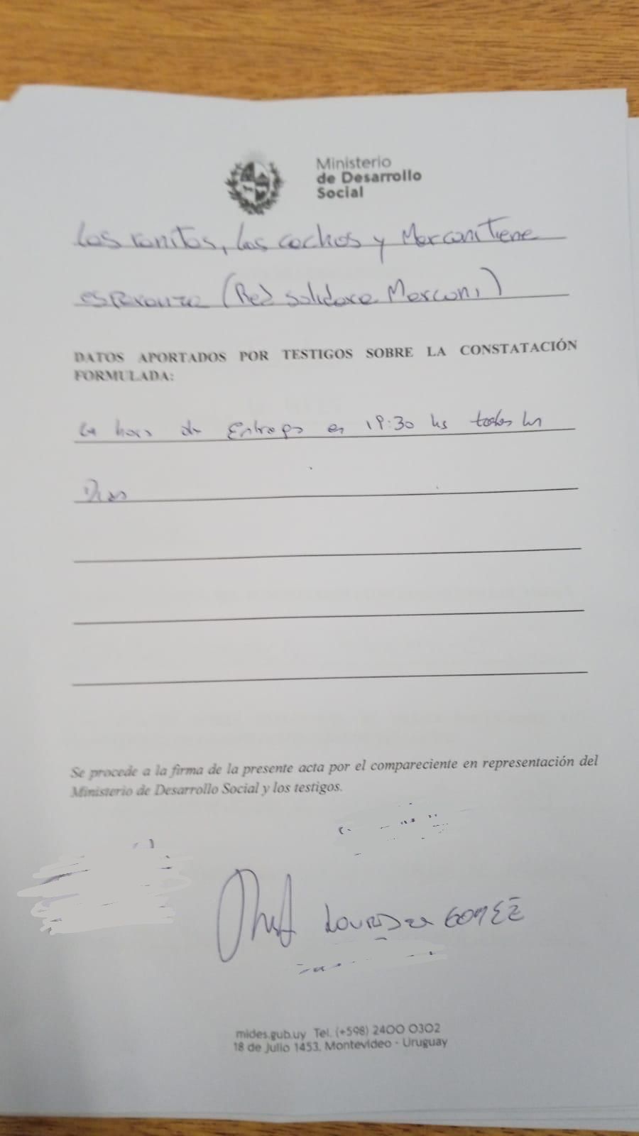 Acta firmada por la referente de la olla popular de Marconi