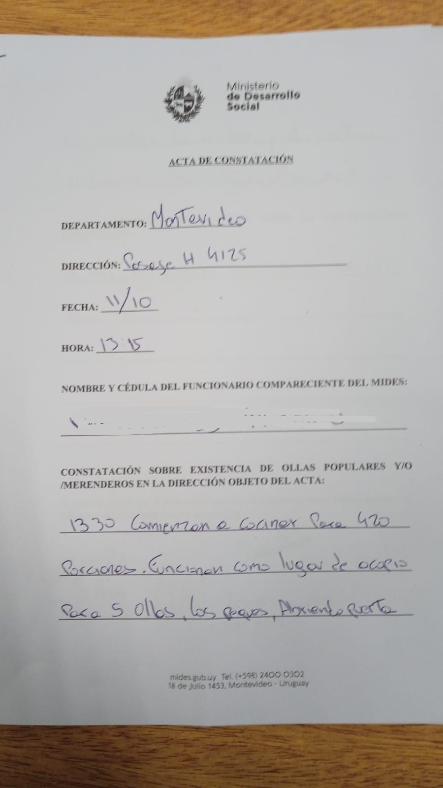Acta firmada por la referente de la olla popular de Marconi