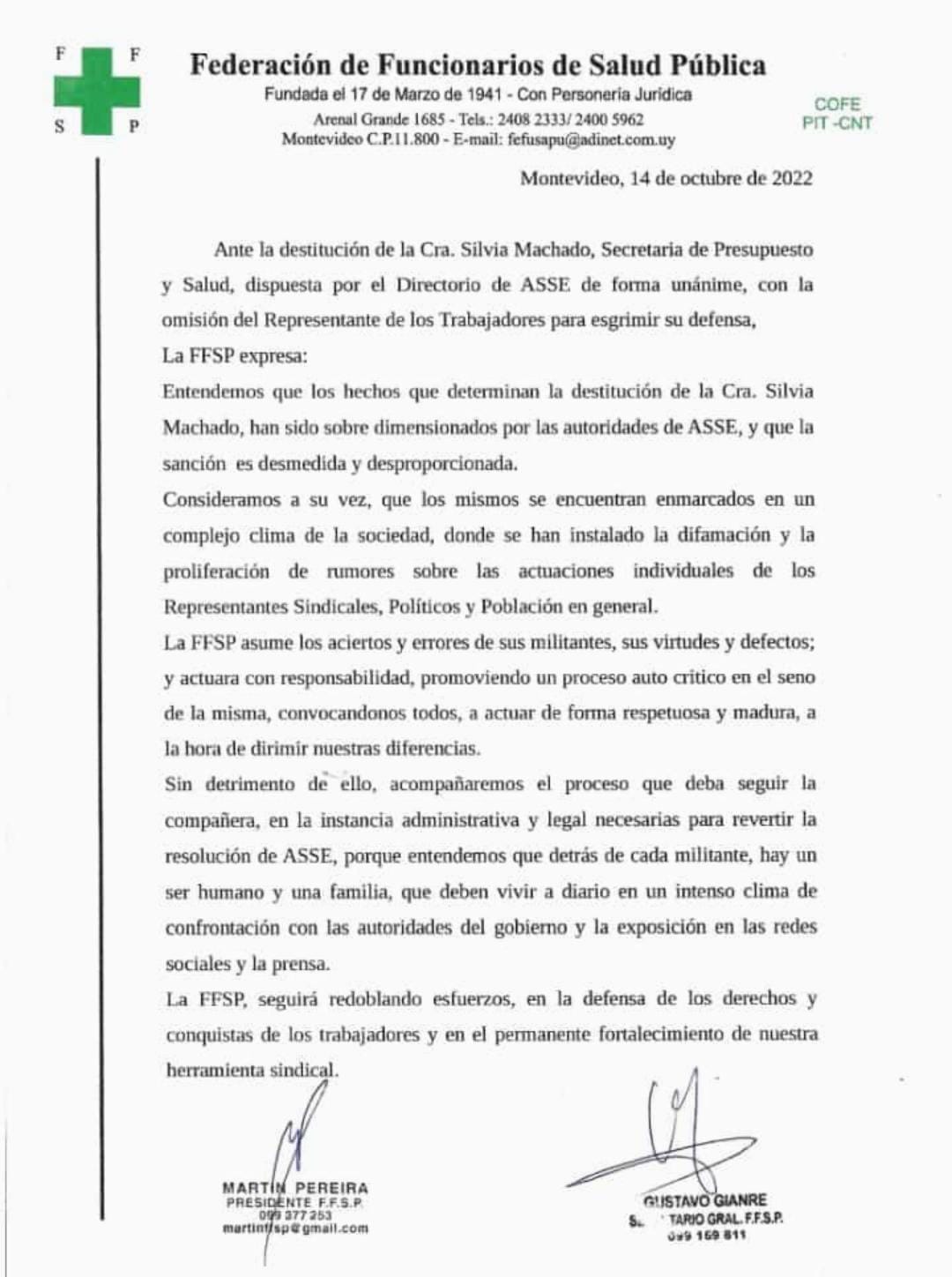 Comunicado de la FFSP tras destitución de Silvia Machado