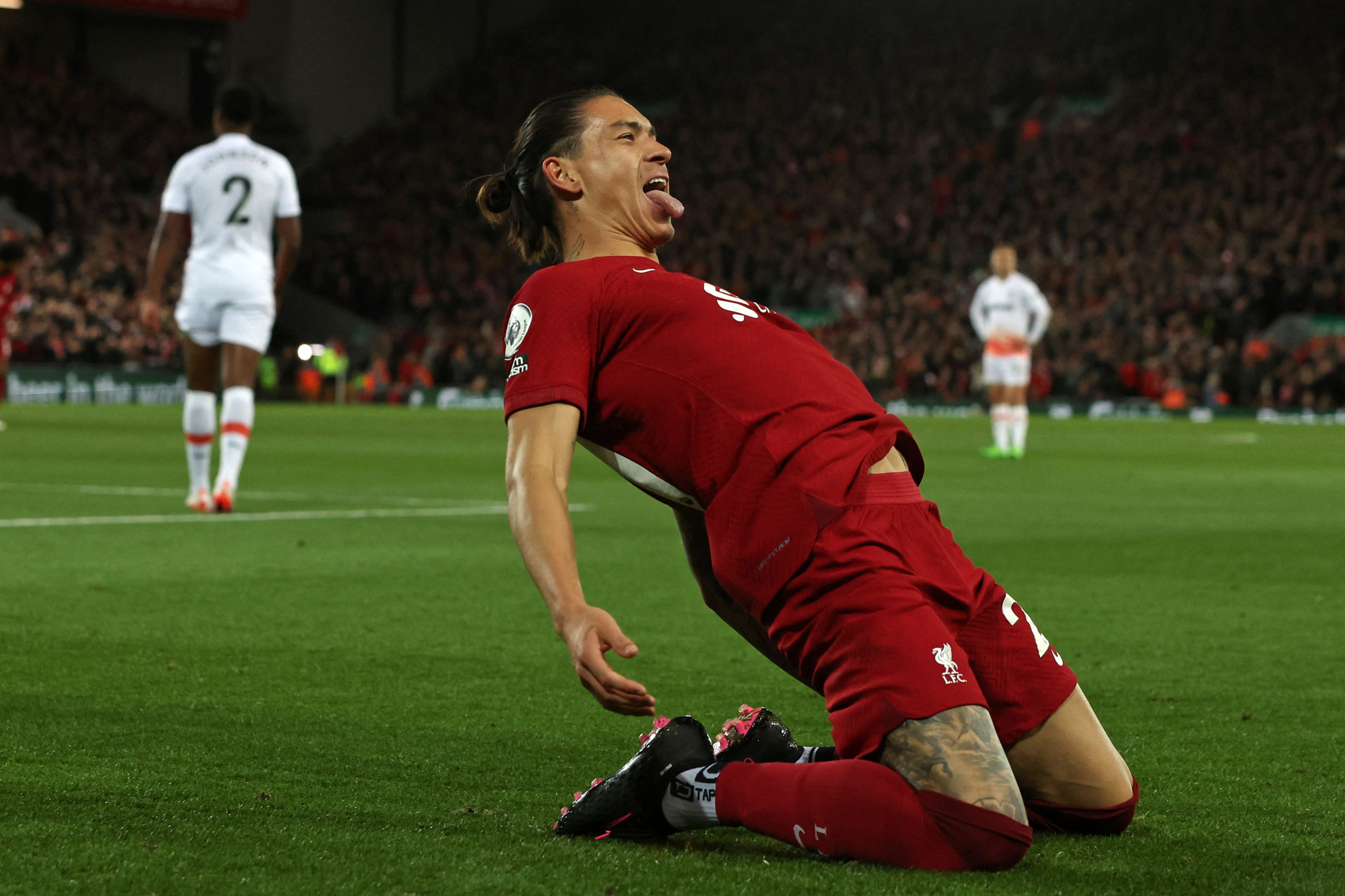 Darwin Núñez festeja su gol con Liverpool ante West Ham. Foto: AFP