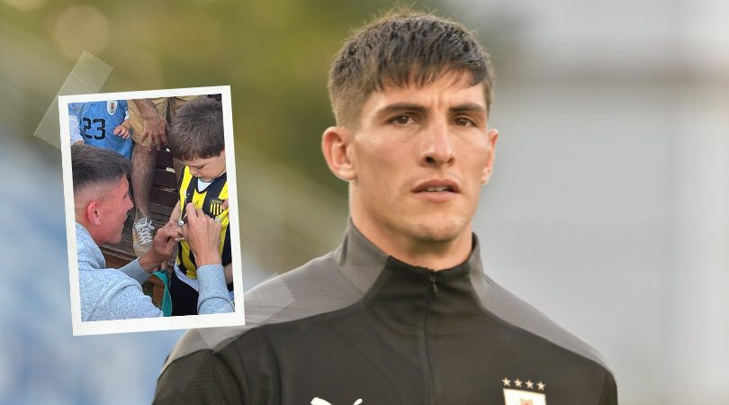 Un solo color: en el último día en el Complejo, Rochet firmó una camiseta de Peñarol. Fotos: Archivo El País y @ACastaingdebat